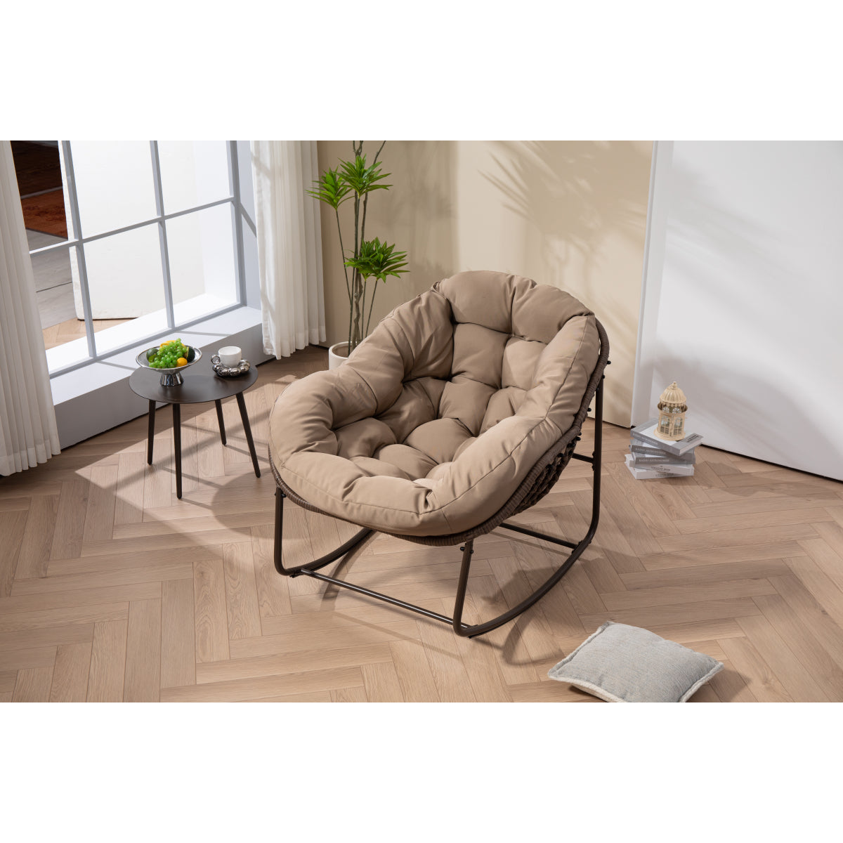 Outdoor Rocking Chair, Patio Oversized Wicker Egg Rocking Chair, Indoor & Outdoor Comfy Rocker Chair with Thick Cushion, Modern Lounge Chair for Balcony, Front Porch, Garden, Backyard, khaki