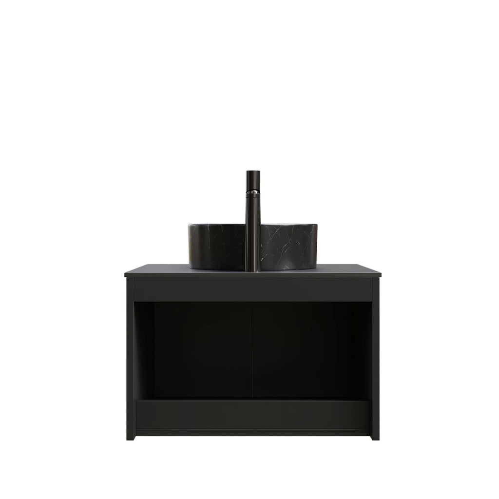 RUBEN 24" Bathroom Vanity&Sink, Wall-Mounted Floating Plywood Storage Cabinet, Twill Double Doors with Metal Trim, Black Round Ceramic Vessel Basin with Stone Pattern&Black Sintered Stone Top, Black