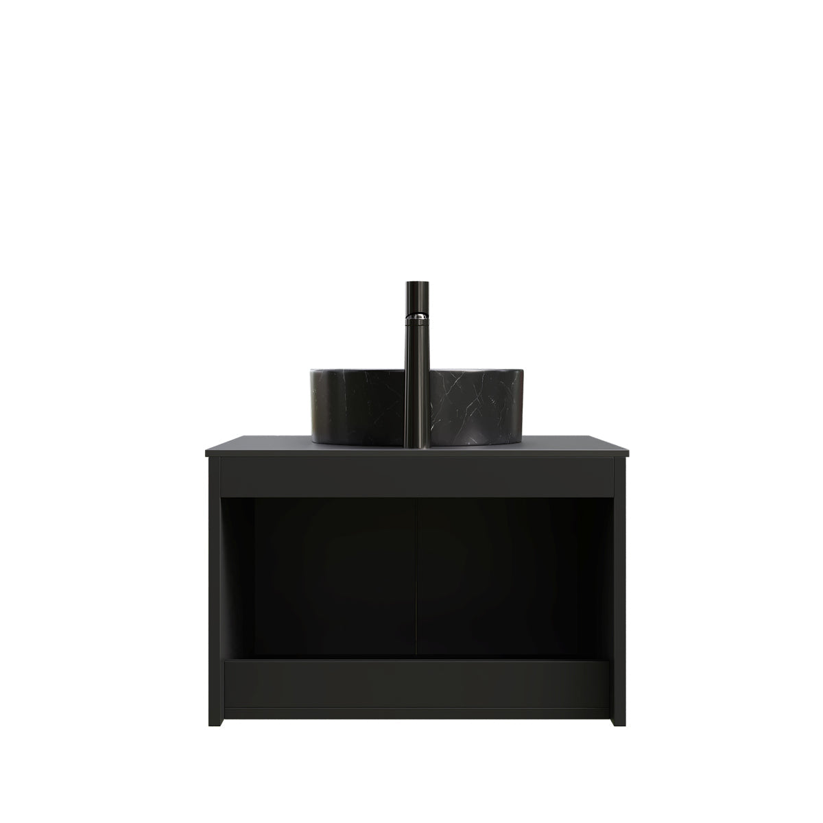 RUBEN 24" Bathroom Vanity&Sink, Wall-Mounted Floating Plywood Storage Cabinet, Twill Double Doors with Metal Trim, Black Round Ceramic Vessel Basin with Stone Pattern&Black Sintered Stone Top, Black