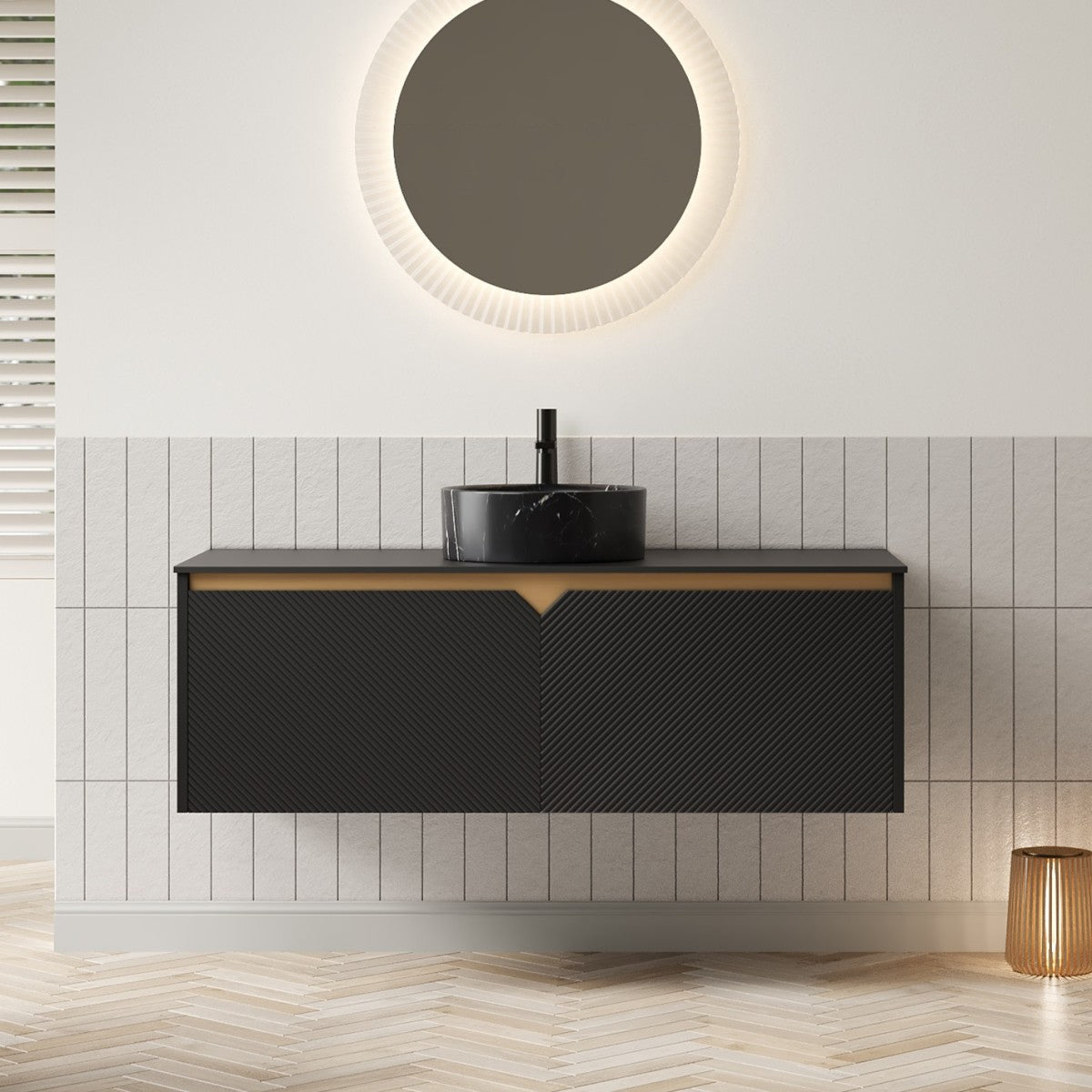 RUBEN 24" Bathroom Vanity&Sink, Wall-Mounted Floating Plywood Storage Cabinet, Twill Double Doors with Metal Trim, Black Round Ceramic Vessel Basin with Stone Pattern&Black Sintered Stone Top, Black