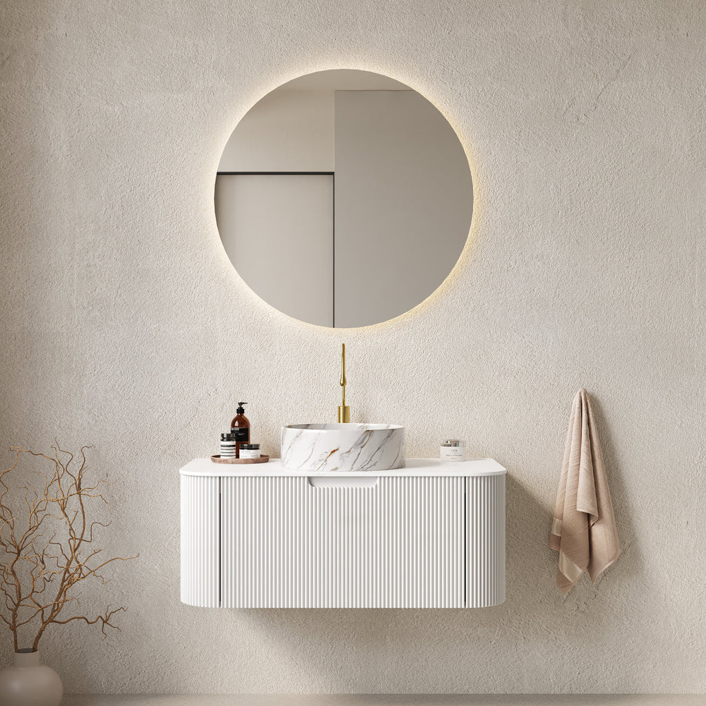 DINA 36" Bathroom Vanity&Sink, Floating Curved Edges Striped Storage Plywood Cabinet with Drawer, Matte Stone White Pattern Round Ceramic Basin&Sintered Stone Top, Pre-assembled, White (New SKU)