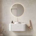 DINA 36" Bathroom Vanity&Sink, Floating Curved Edges Striped Storage Plywood Cabinet with Drawer, Matte Stone White Pattern Round Ceramic Basin&Sintered Stone Top, Pre-assembled, White (New SKU)