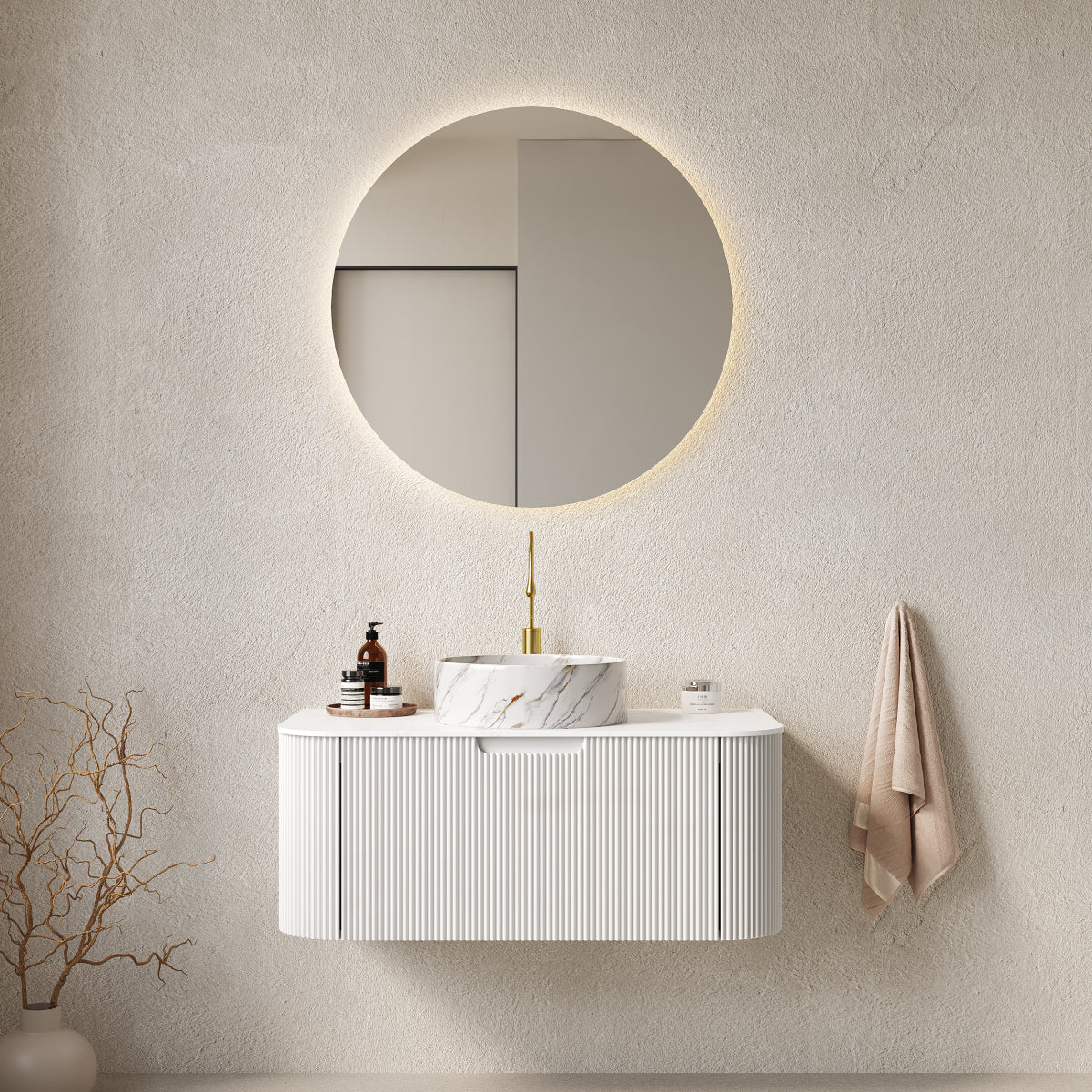 DINA 36" Bathroom Vanity&Sink, Floating Curved Edges Striped Storage Plywood Cabinet with Drawer, Matte Stone White Pattern Round Ceramic Basin&Sintered Stone Top, Pre-assembled, White (New SKU)