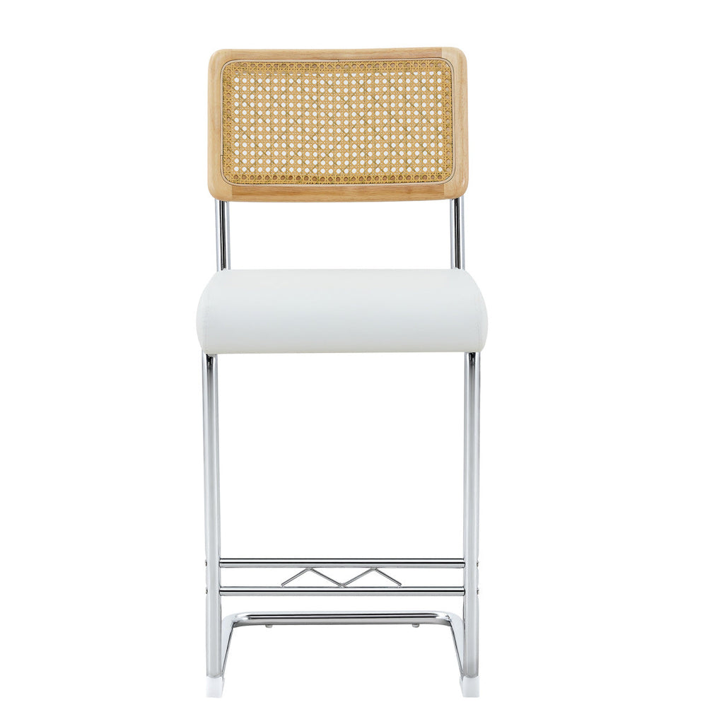 Natural rattan bar stool 2-piece set with solid wood backrest 25 inches medieval modern style counter stool white PU leather kitchen stool chrome metal legs.