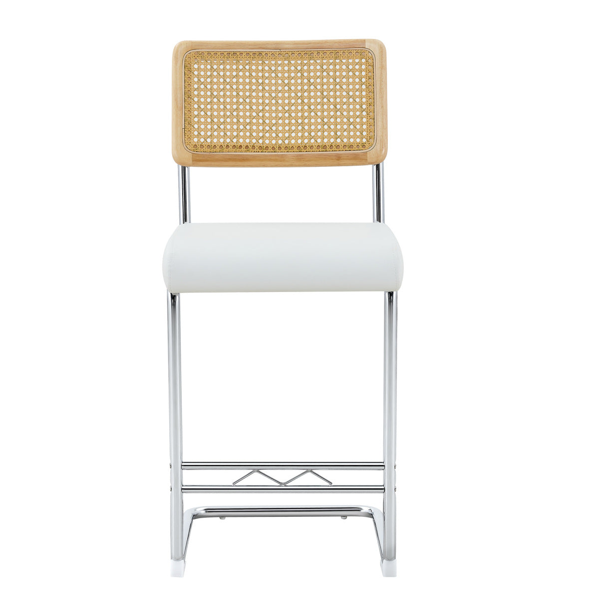 Natural rattan bar stool 2-piece set with solid wood backrest 25 inches medieval modern style counter stool white PU leather kitchen stool chrome metal legs.