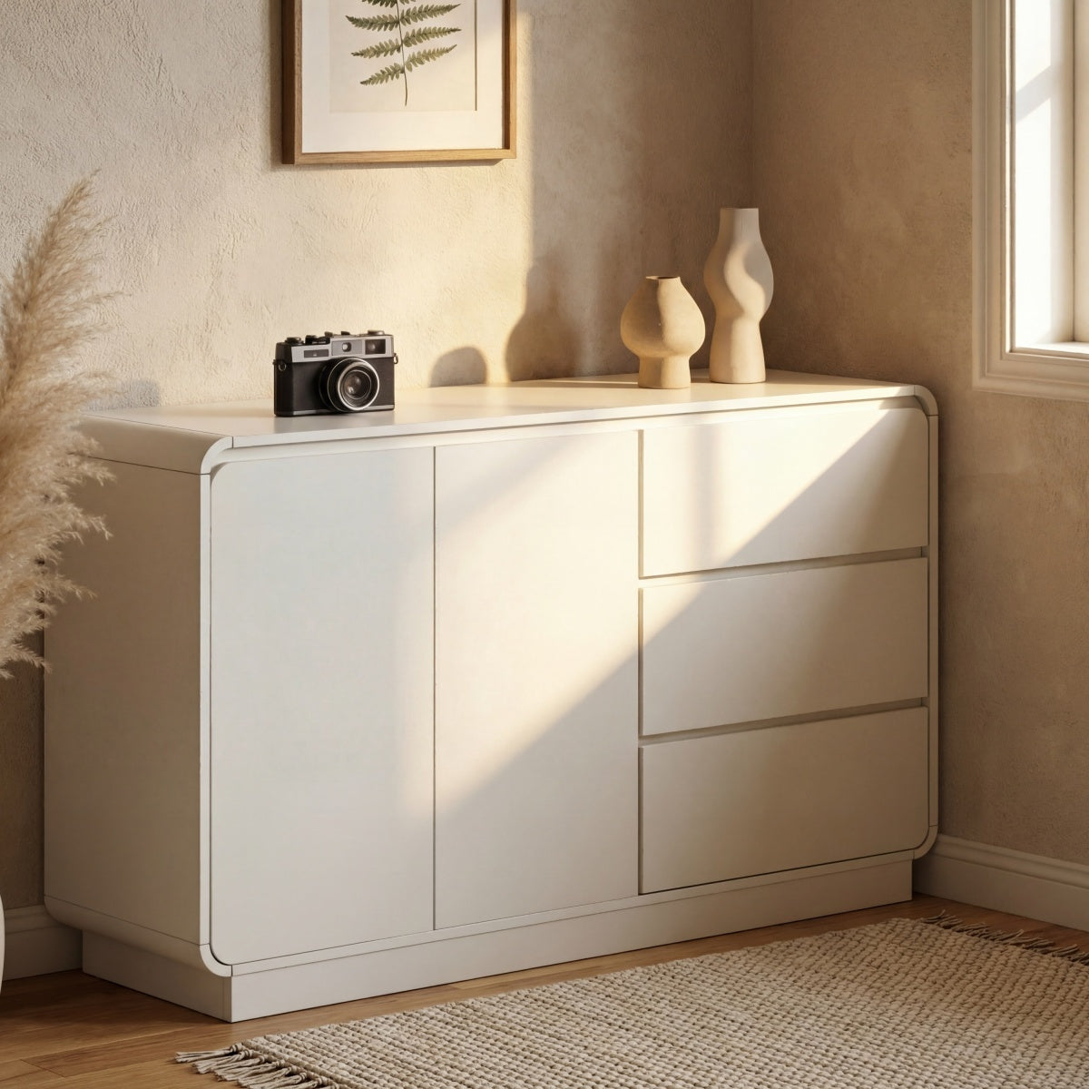Christopher Knight Home® Modern White Sideboard, 55.1'' Wide Storage Cabinet with 2 Doors and 3 Drawers, Versatile Dining Room,Living Room    RR