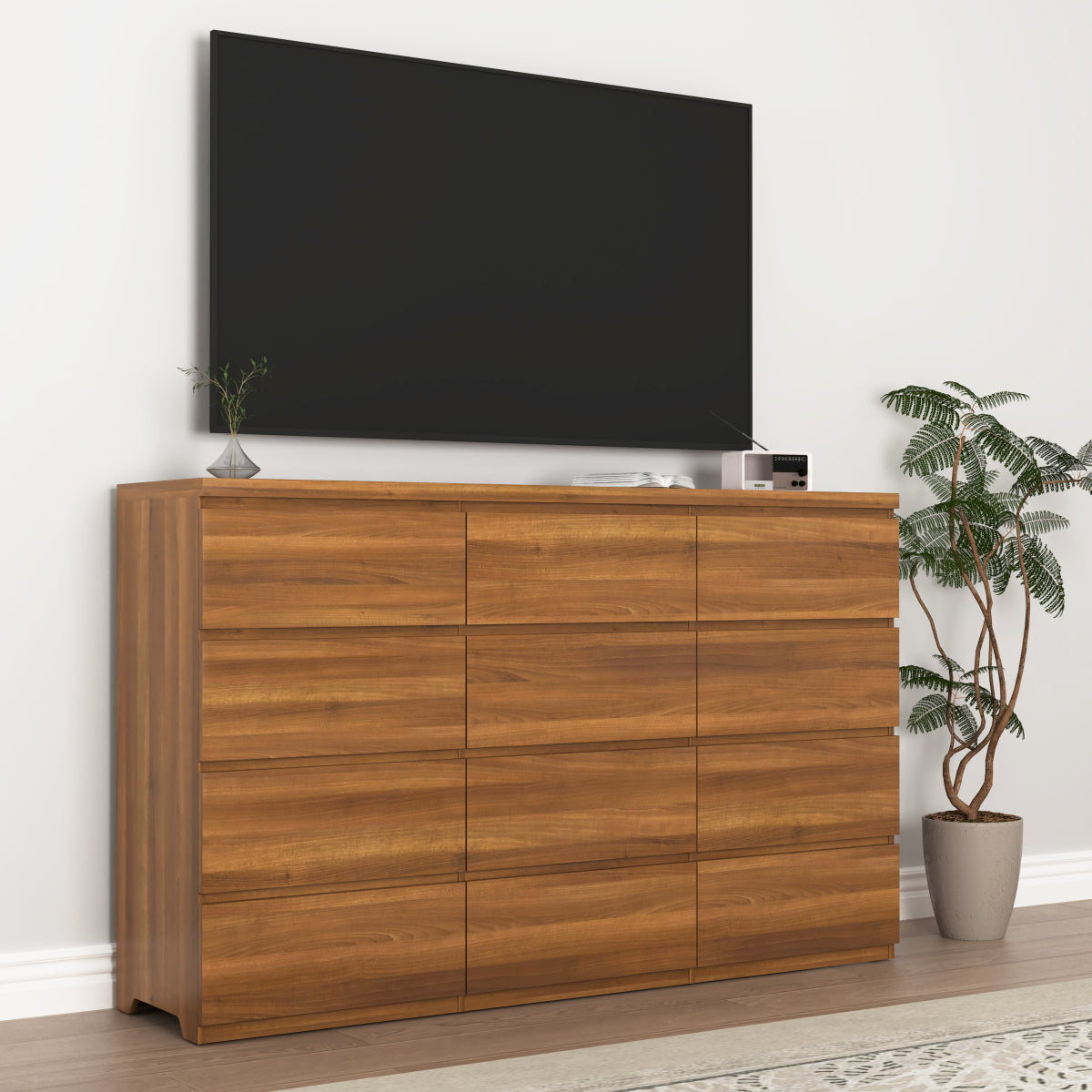 12 Drawers Double Dresser, Modern Wood Dresser Chest of Drawers with Large Storage Space for Bedroom, Walnut