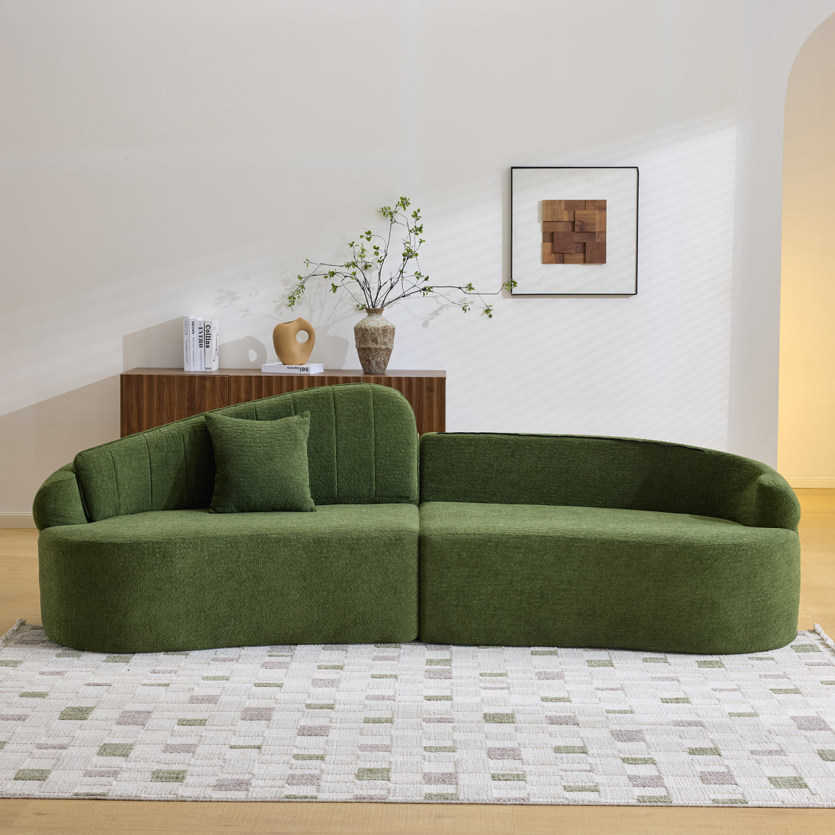 Curved four-seat fully compressed sofa, long-term sitting without collapse, removable backrest, green chenille fabric, simple, retro style, suitable for small spaces and apartments   WL