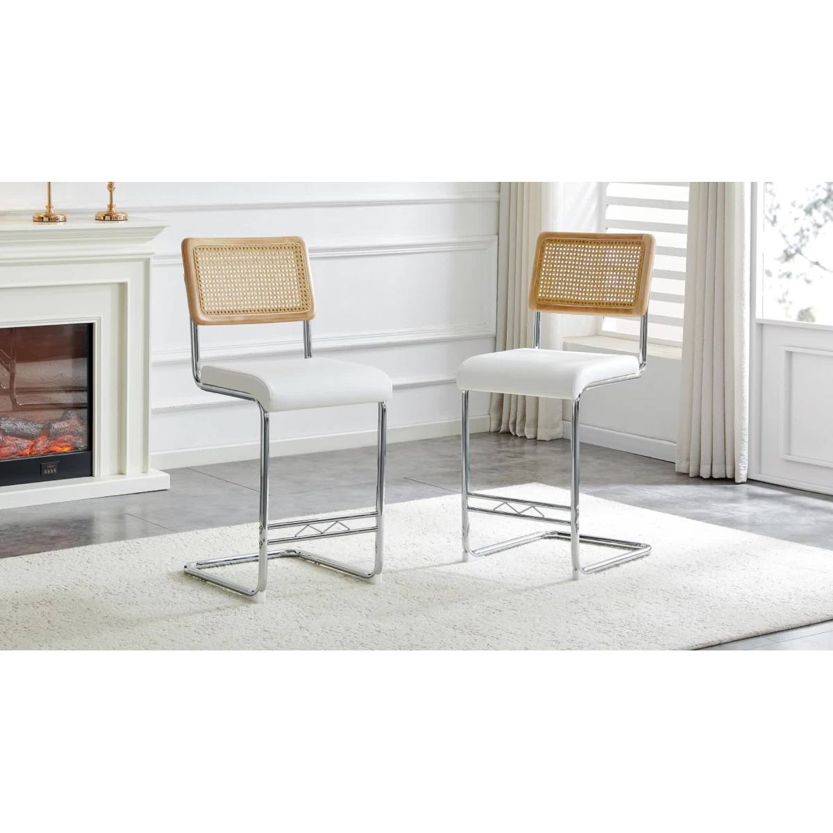 Natural rattan bar stool 2-piece set with solid wood backrest 25 inches medieval modern style counter stool white PU leather kitchen stool chrome metal legs.