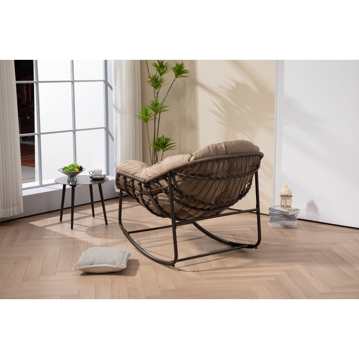 Outdoor Rocking Chair, Patio Oversized Wicker Egg Rocking Chair, Indoor & Outdoor Comfy Rocker Chair with Thick Cushion, Modern Lounge Chair for Balcony, Front Porch, Garden, Backyard, khaki