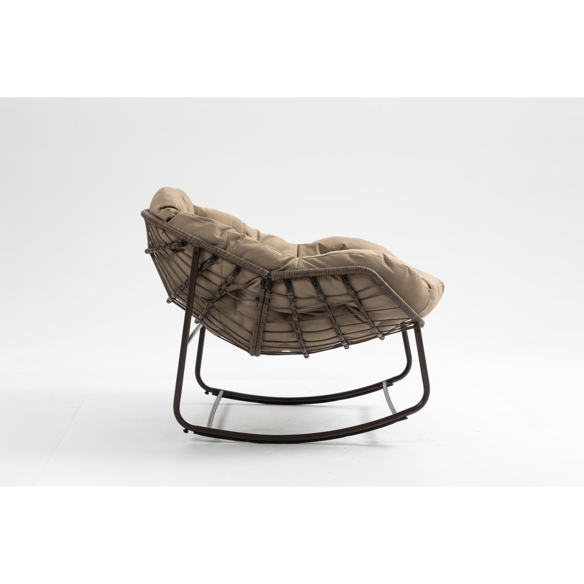 Outdoor Rocking Chair, Patio Oversized Wicker Egg Rocking Chair, Indoor & Outdoor Comfy Rocker Chair with Thick Cushion, Modern Lounge Chair for Balcony, Front Porch, Garden, Backyard, khaki