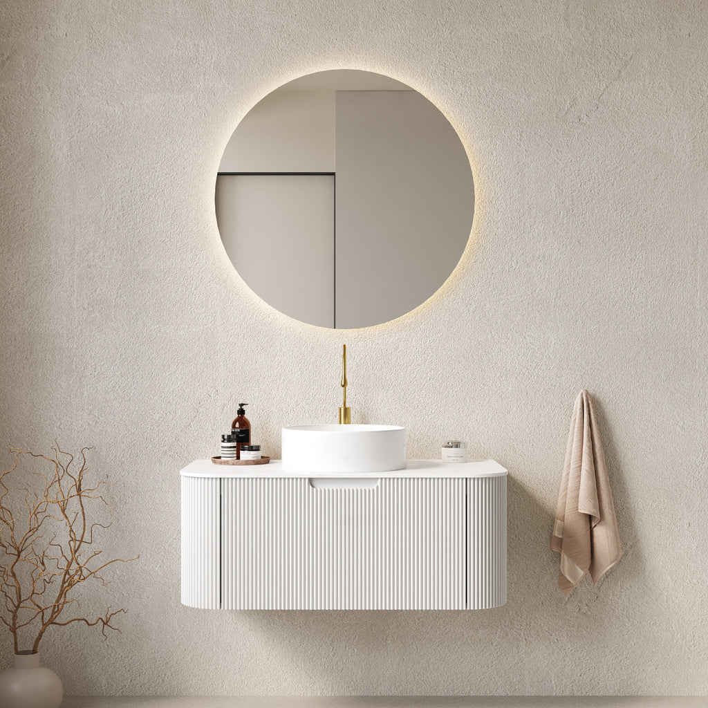 DINA 36" Bathroom Vanity&Sink, Floating Curved Edges Striped Storage Plywood Cabinet with Drawer, Matte Stone White Pattern Round Ceramic Basin&Sintered Stone Top, Pre-assembled, White (New SKU)