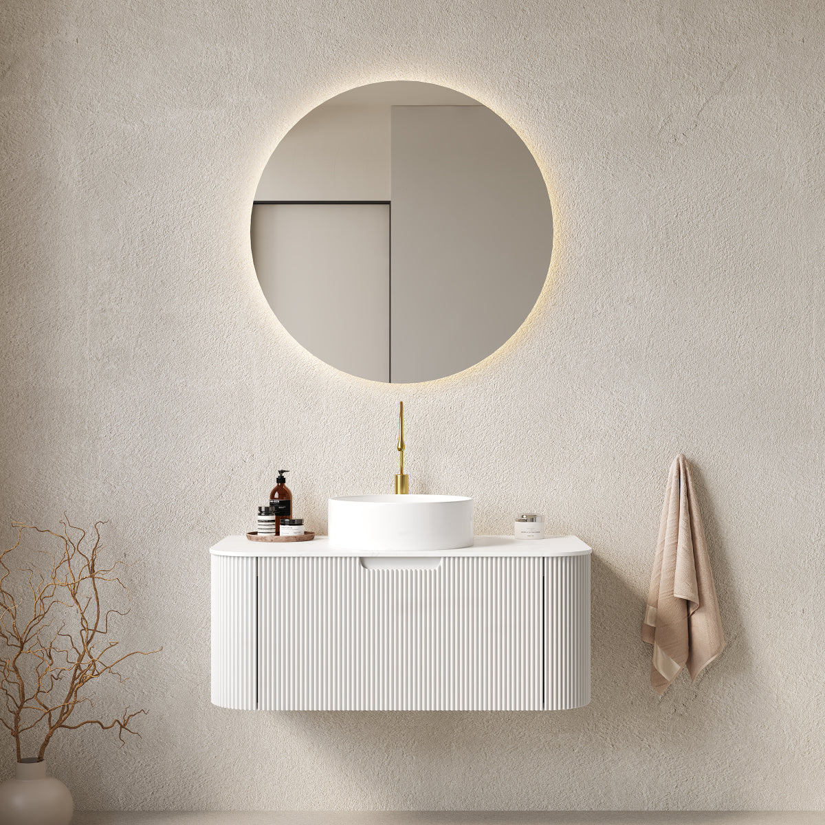 DINA 36" Bathroom Vanity&Sink, Floating Curved Edges Striped Storage Plywood Cabinet with Drawer, Matte Stone White Pattern Round Ceramic Basin&Sintered Stone Top, Pre-assembled, White (New SKU)