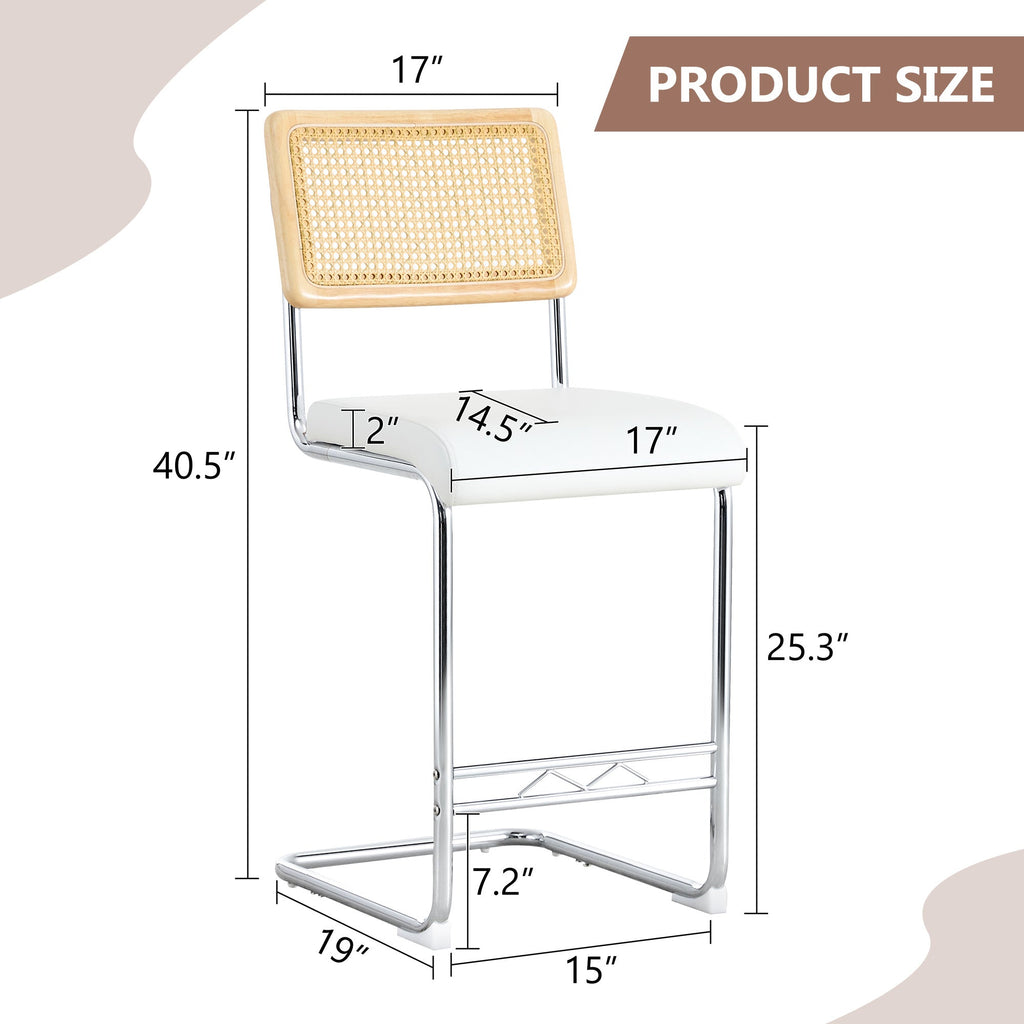 Natural rattan bar stool 2-piece set with solid wood backrest 25 inches medieval modern style counter stool white PU leather kitchen stool chrome metal legs.