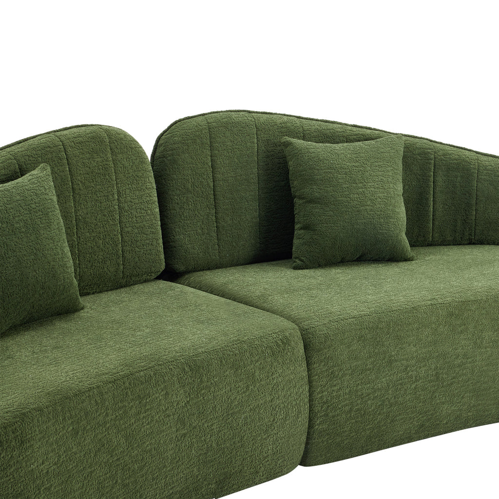 Curved four-seat fully compressed sofa, long-term sitting without collapse, removable backrest, green chenille fabric, simple, retro style, suitable for small spaces and apartments   WL
