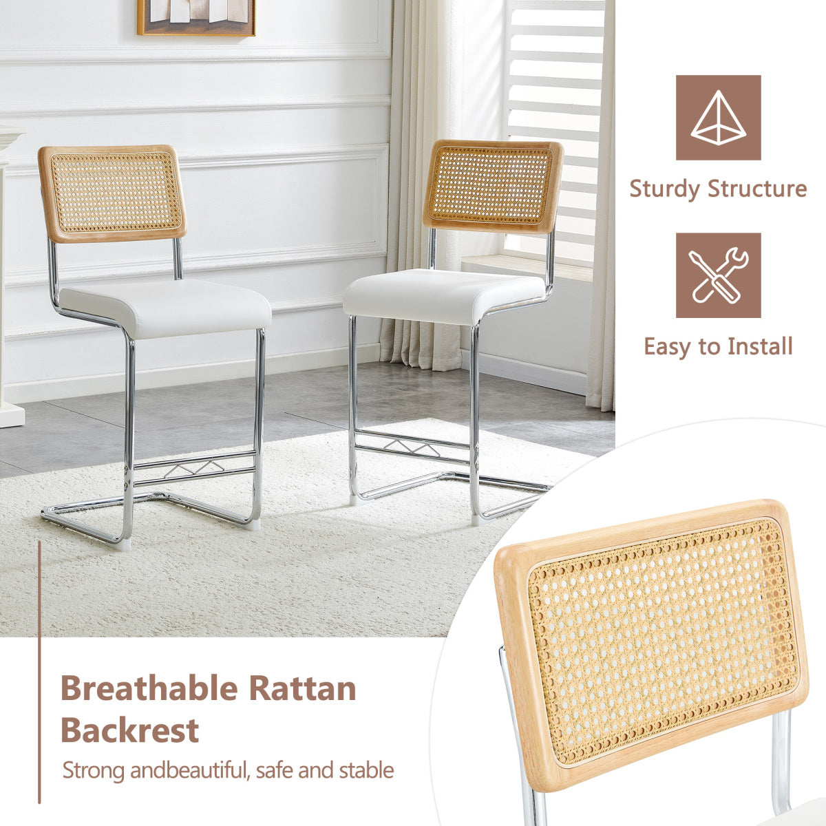 Natural rattan bar stool 2-piece set with solid wood backrest 25 inches medieval modern style counter stool white PU leather kitchen stool chrome metal legs.
