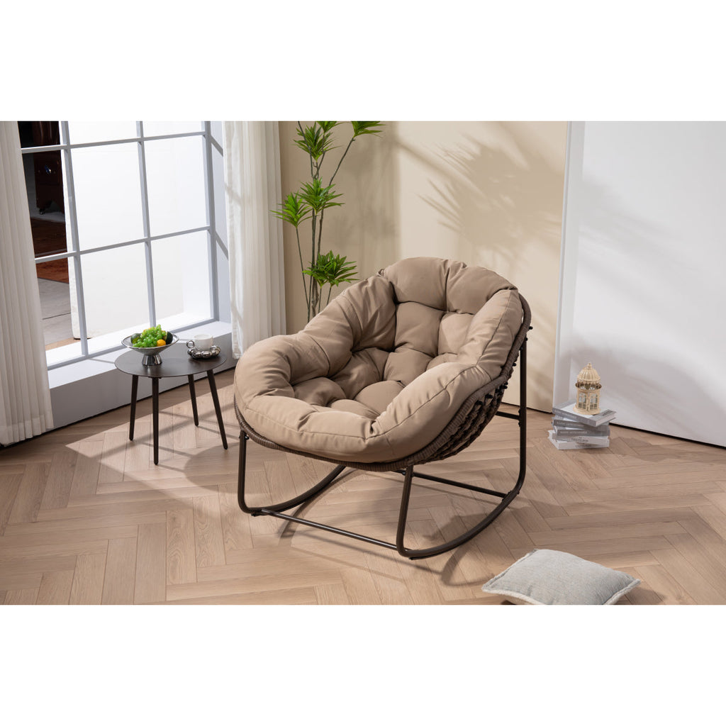 Outdoor Rocking Chair, Patio Oversized Wicker Egg Rocking Chair, Indoor & Outdoor Comfy Rocker Chair with Thick Cushion, Modern Lounge Chair for Balcony, Front Porch, Garden, Backyard, khaki