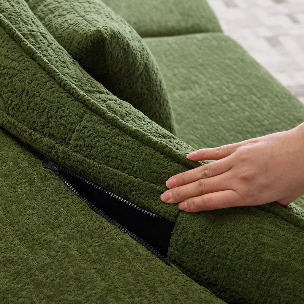 Curved four-seat fully compressed sofa, long-term sitting without collapse, removable backrest, green chenille fabric, simple, retro style, suitable for small spaces and apartments   WL