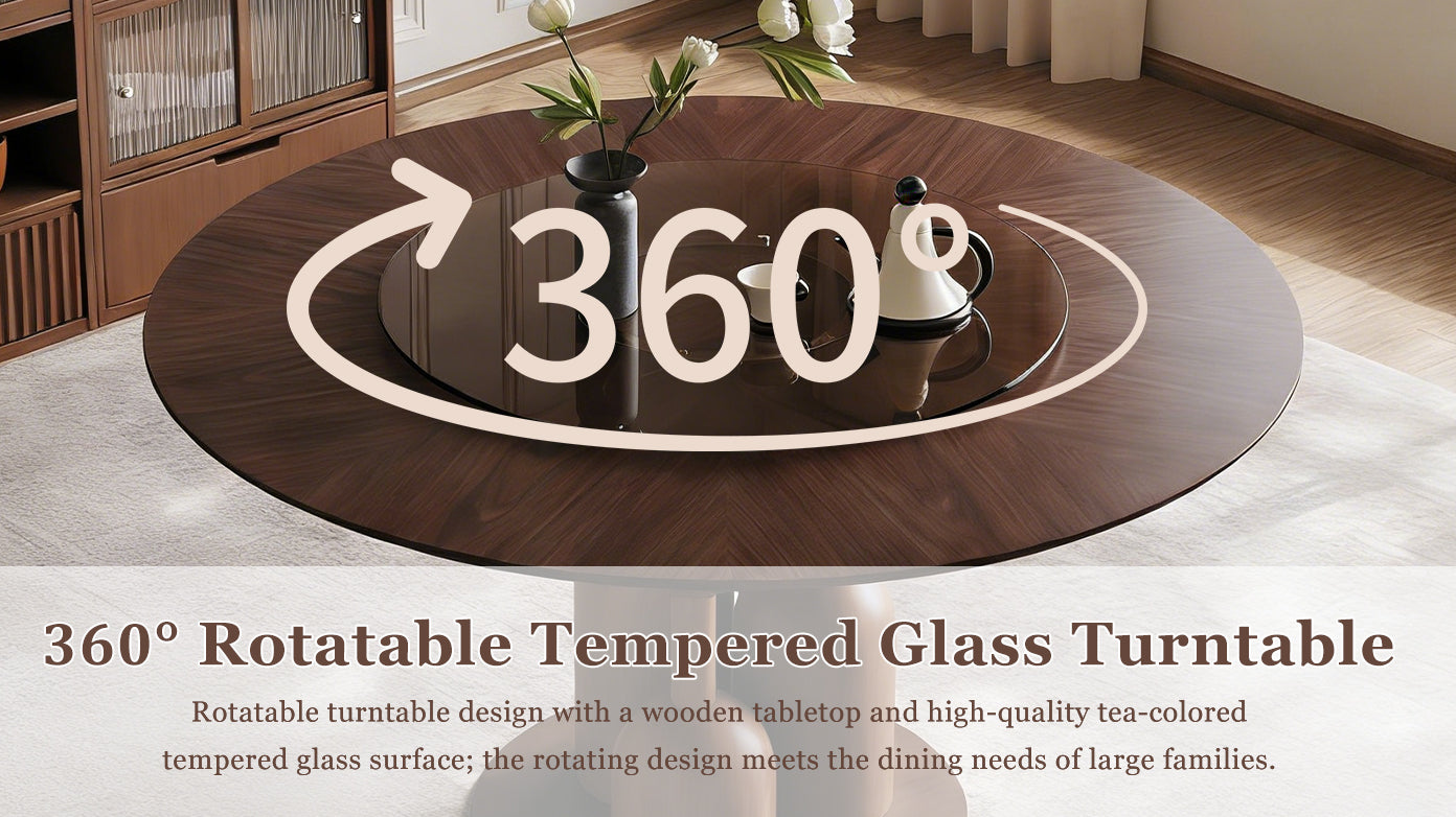 59-inch Natural Oak Wabi-Sabi Round Dining Table with 35-inch Tempered Glass Lazy Susan, Handcrafted Japanese Style Sculptural Table for Living Room & Restaurant    RR