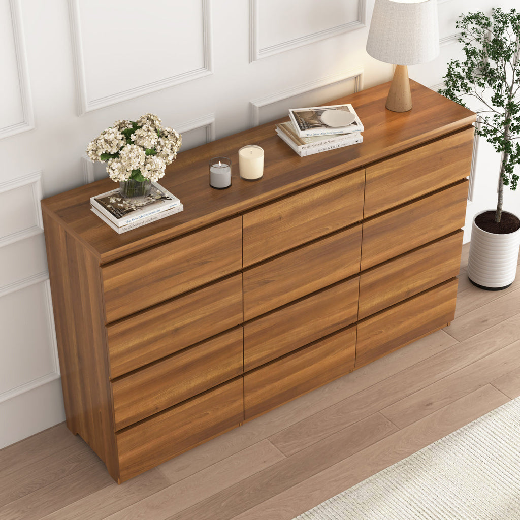 12 Drawers Double Dresser, Modern Wood Dresser Chest of Drawers with Large Storage Space for Bedroom, Walnut