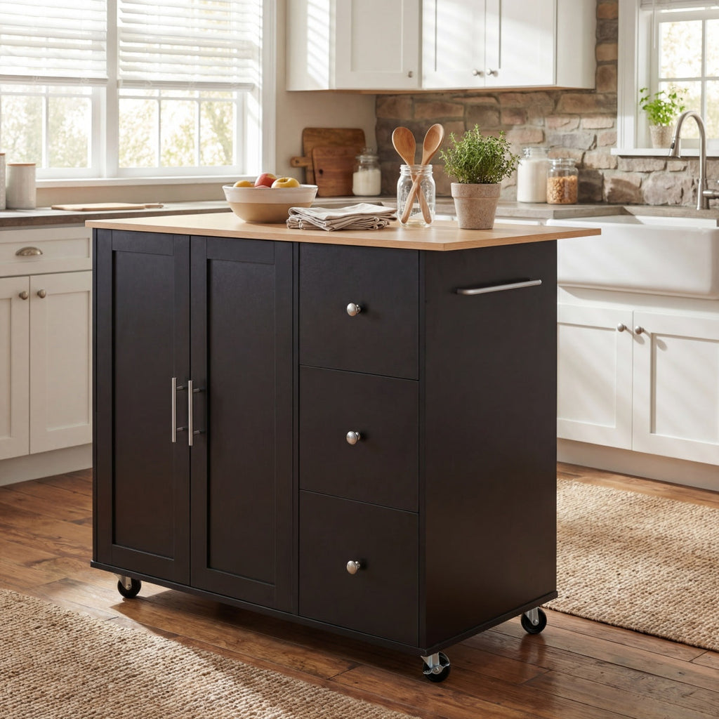 Christopher Knight Home® Mobile Kitchen Cart with Storage, 39.76'' Rolling Kitchen Island with 2 Doors, 3 Drawers & Adjustable Shelf, Black Utility Cart for Kitchen/Dining Room    RR