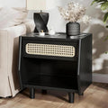 Christopher Knight Home® Black Nightstand with Rattan Detail, MDF + Solid Wood, Modern Bedroom Storage, Open Shelf & Drawer, Indoor Furniture