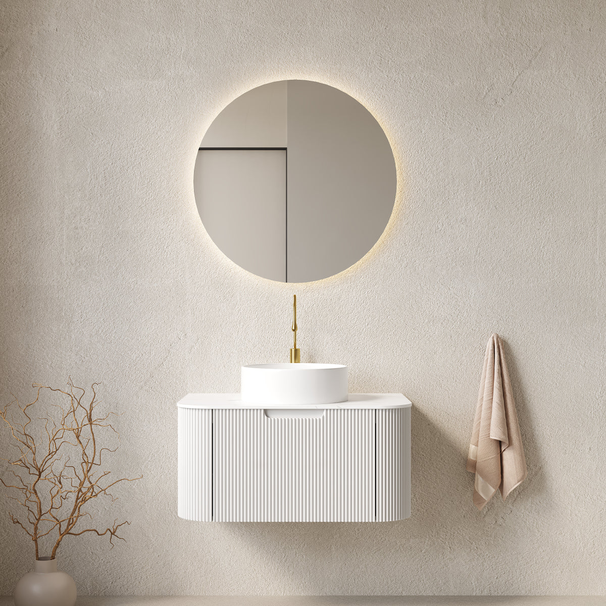 DINA 36" Bathroom Vanity&Sink, Floating Curved Edges Striped Storage Plywood Cabinet with Drawer, Matte Stone White Pattern Round Ceramic Basin&Sintered Stone Top, Pre-assembled, White (New SKU)