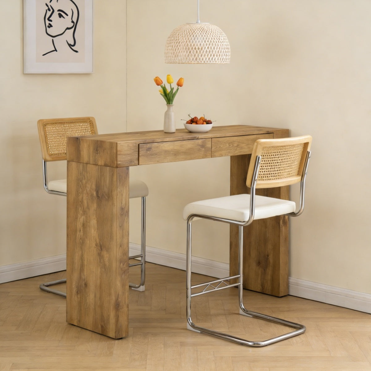 Natural rattan bar stool 2-piece set with solid wood backrest 25 inches medieval modern style counter stool white PU leather kitchen stool chrome metal legs.