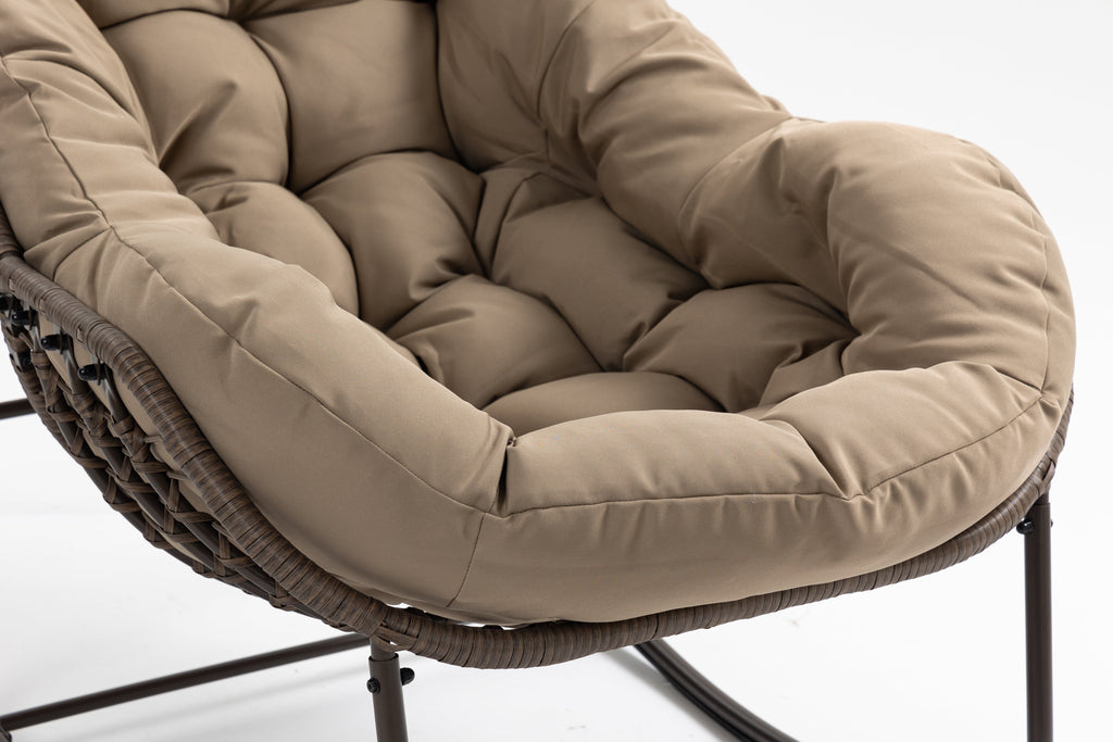 Outdoor Rocking Chair, Patio Oversized Wicker Egg Rocking Chair, Indoor & Outdoor Comfy Rocker Chair with Thick Cushion, Modern Lounge Chair for Balcony, Front Porch, Garden, Backyard, khaki