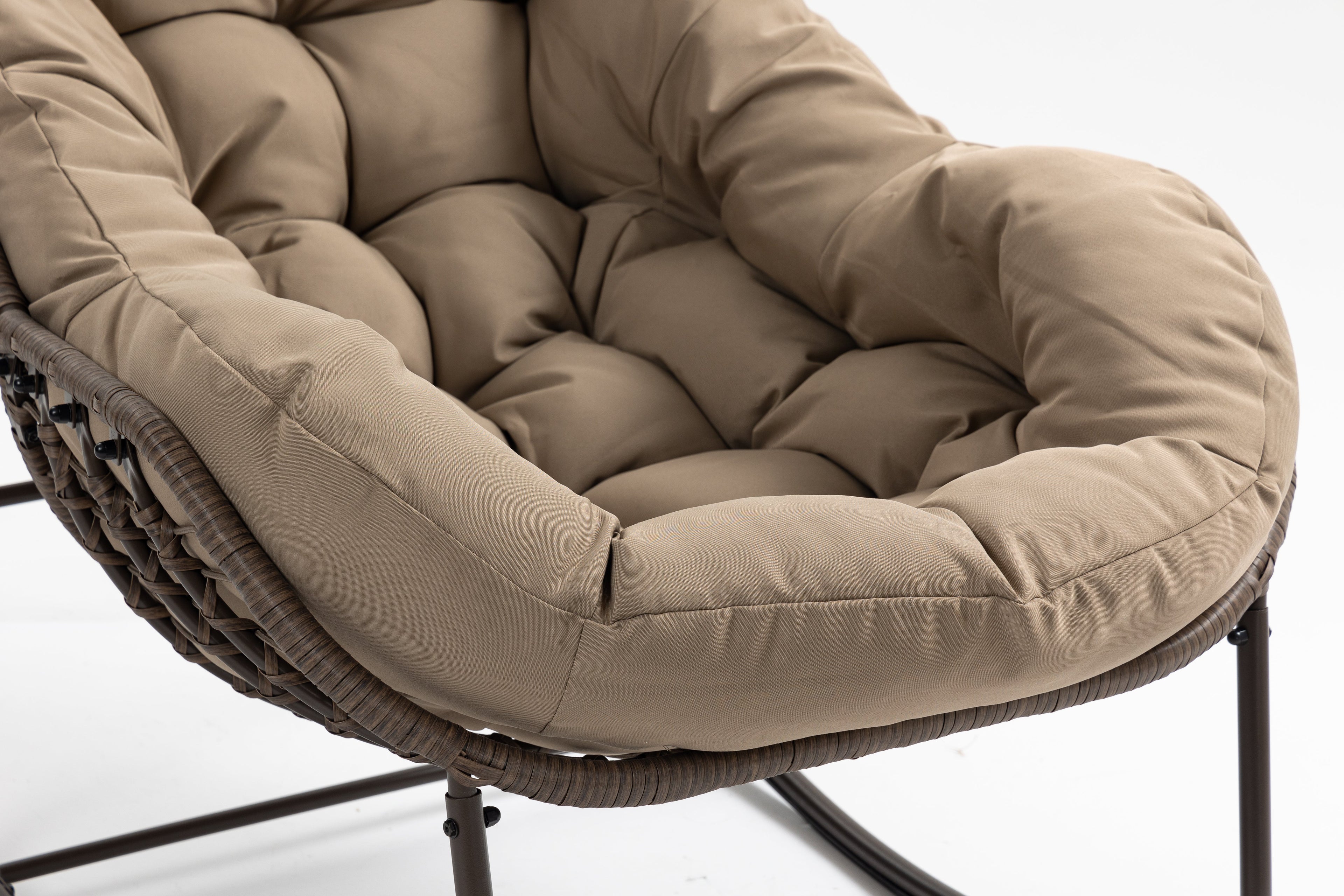 Outdoor Rocking Chair, Patio Oversized Wicker Egg Rocking Chair, Indoor & Outdoor Comfy Rocker Chair with Thick Cushion, Modern Lounge Chair for Balcony, Front Porch, Garden, Backyard, khaki