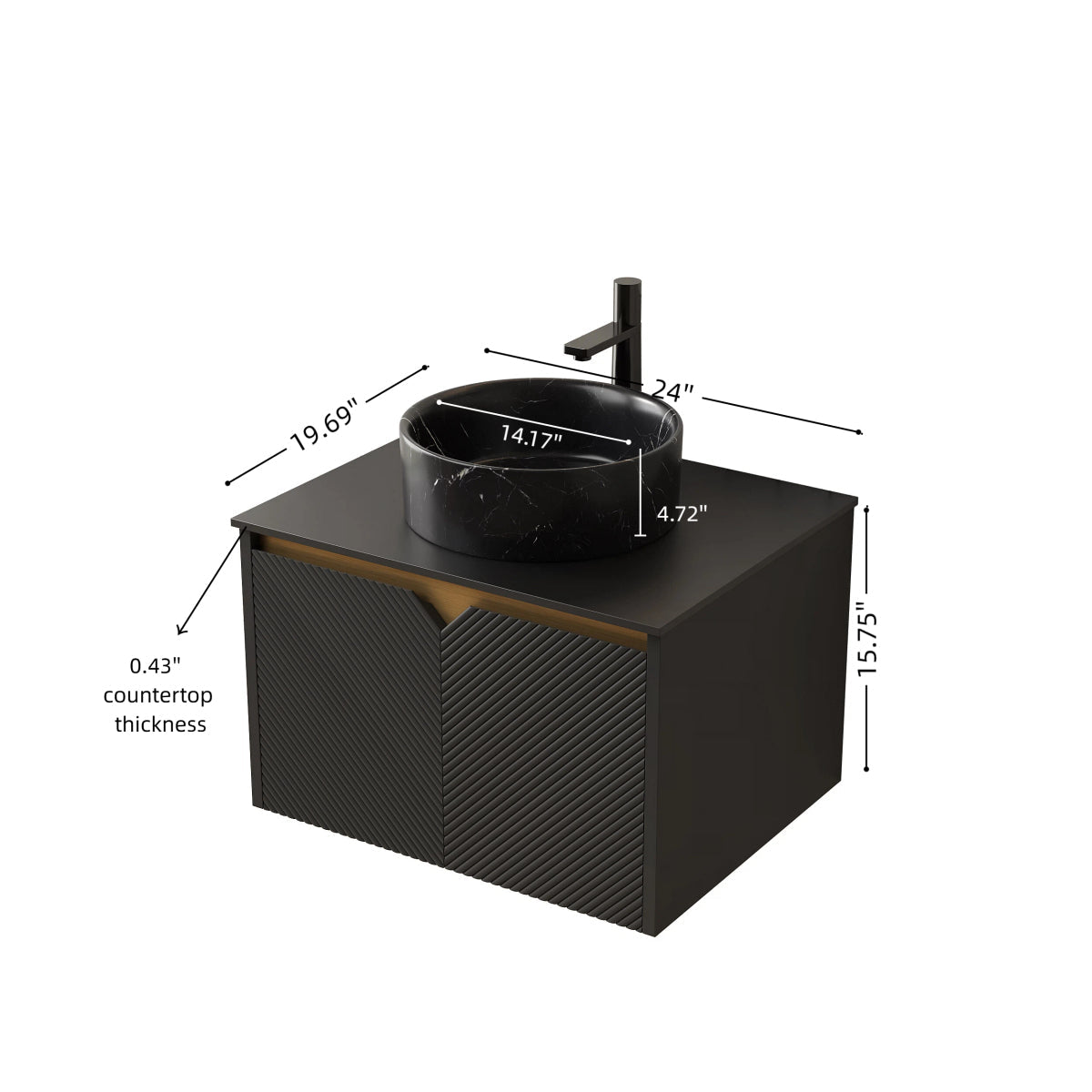 RUBEN 24" Bathroom Vanity&Sink, Wall-Mounted Floating Plywood Storage Cabinet, Twill Double Doors with Metal Trim, Black Round Ceramic Vessel Basin with Stone Pattern&Black Sintered Stone Top, Black