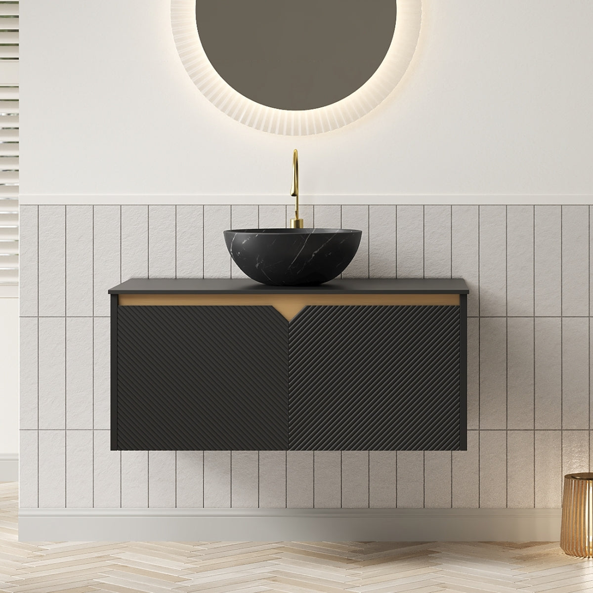 RUBEN 24" Bathroom Vanity&Sink, Wall-Mounted Floating Plywood Storage Cabinet, Twill Double Doors with Metal Trim, Black Round Ceramic Vessel Basin with Stone Pattern&Black Sintered Stone Top, Black