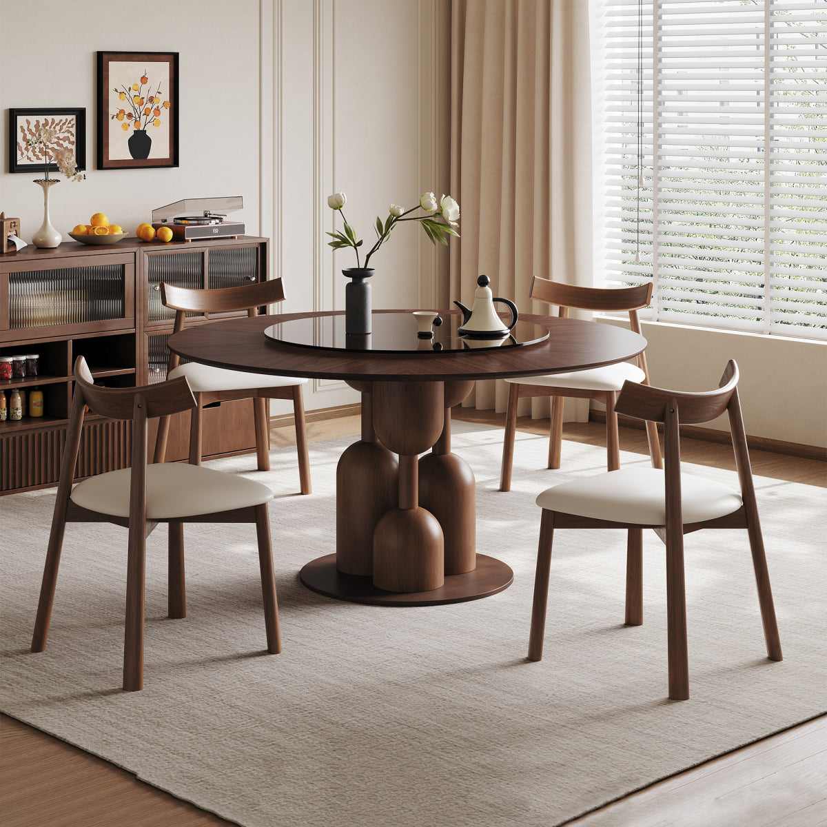 59-inch Natural Oak Wabi-Sabi Round Dining Table with 35-inch Tempered Glass Lazy Susan, Handcrafted Japanese Style Sculptural Table for Living Room & Restaurant    RR
