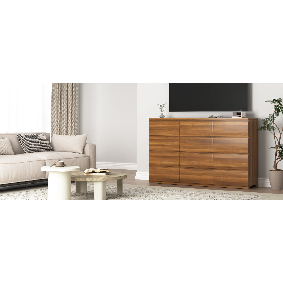 12 Drawers Double Dresser, Modern Wood Dresser Chest of Drawers with Large Storage Space for Bedroom, Walnut