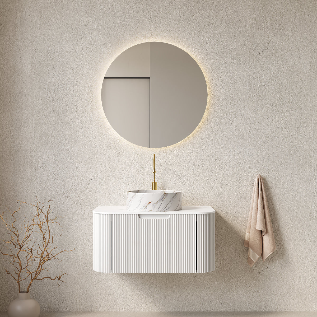 DINA 36" Bathroom Vanity&Sink, Floating Curved Edges Striped Storage Plywood Cabinet with Drawer, Matte Stone White Pattern Round Ceramic Basin&Sintered Stone Top, Pre-assembled, White (New SKU)