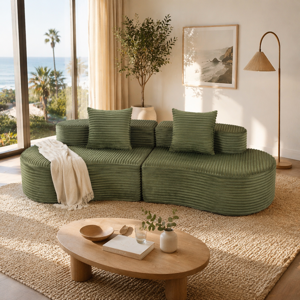110.24" Fully Compressed Sofa, Corduroy 2-Seater Couch with 2 Lumbar Pillows, Cozy Deep Seat Upholstered Sofa, No Assembly Cloud Couch for Living Room & Bedroom, YKX-33003A-2-GREEN   WL