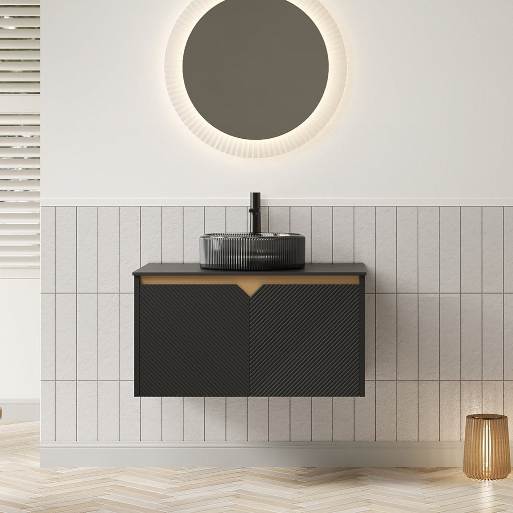 RUBEN 24" Bathroom Vanity&Sink, Wall-Mounted Floating Plywood Storage Cabinet, Twill Double Doors with Metal Trim, Black Round Ceramic Vessel Basin with Stone Pattern&Black Sintered Stone Top, Black