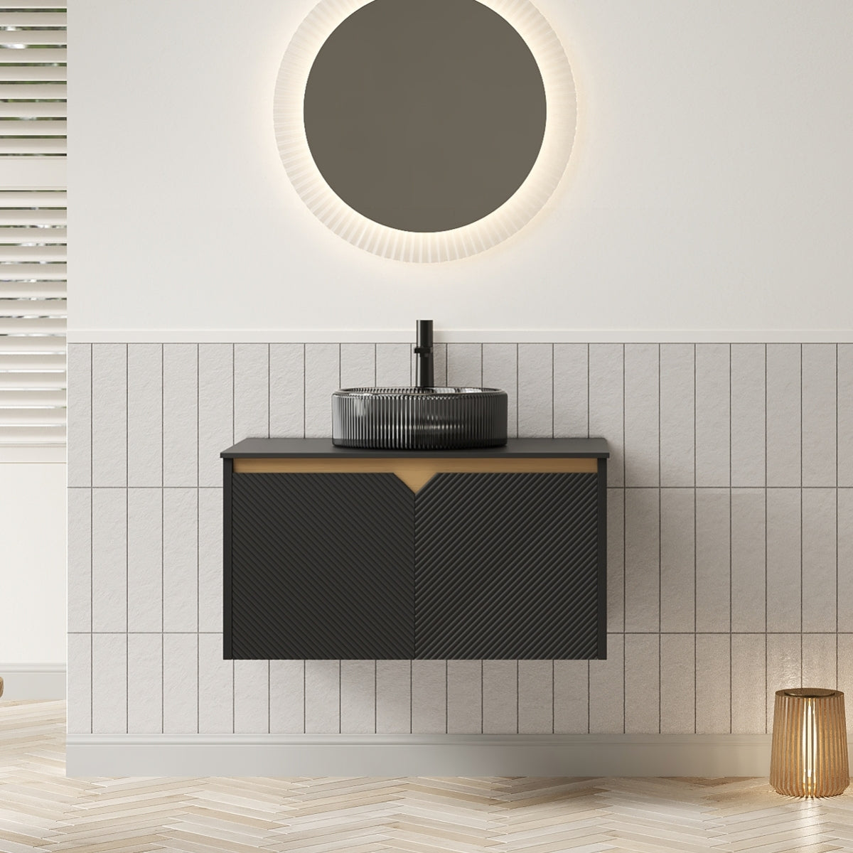 RUBEN 24" Bathroom Vanity&Sink, Wall-Mounted Floating Plywood Storage Cabinet, Twill Double Doors with Metal Trim, Black Round Ceramic Vessel Basin with Stone Pattern&Black Sintered Stone Top, Black