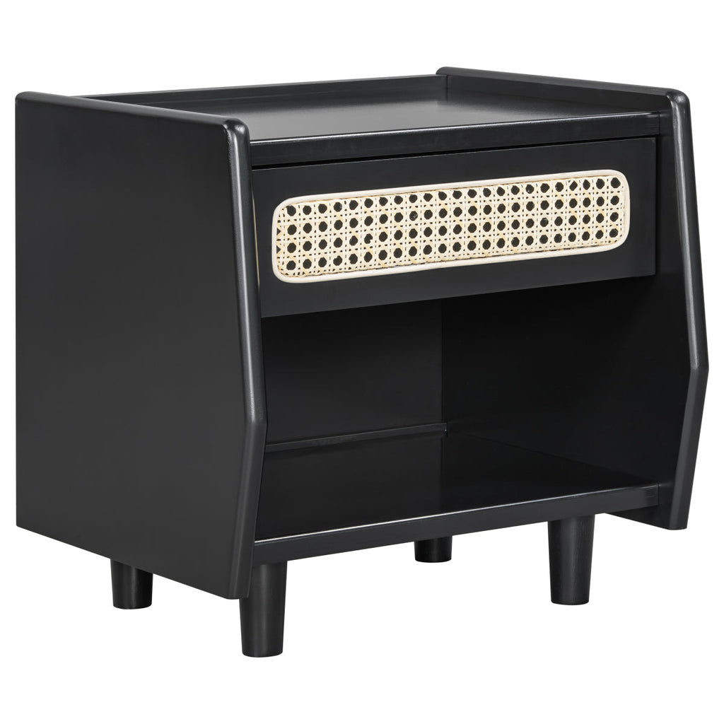 Christopher Knight Home® Black Nightstand with Rattan Detail, MDF + Solid Wood, Modern Bedroom Storage, Open Shelf & Drawer, Indoor Furniture