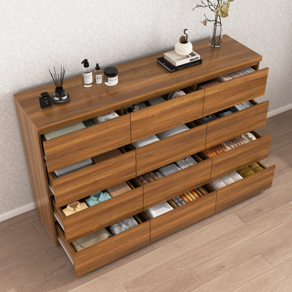 12 Drawers Double Dresser, Modern Wood Dresser Chest of Drawers with Large Storage Space for Bedroom, Walnut