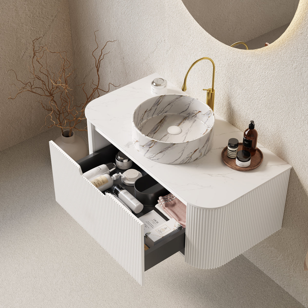 DINA 36" Bathroom Vanity&Sink, Floating Curved Edges Striped Storage Plywood Cabinet with Drawer, Matte Stone White Pattern Round Ceramic Basin&Sintered Stone Top, Pre-assembled, White (New SKU)