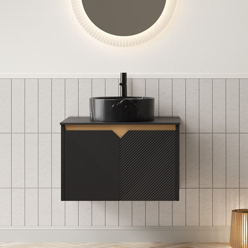RUBEN 24" Bathroom Vanity&Sink, Wall-Mounted Floating Plywood Storage Cabinet, Twill Double Doors with Metal Trim, Black Round Ceramic Vessel Basin with Stone Pattern&Black Sintered Stone Top, Black