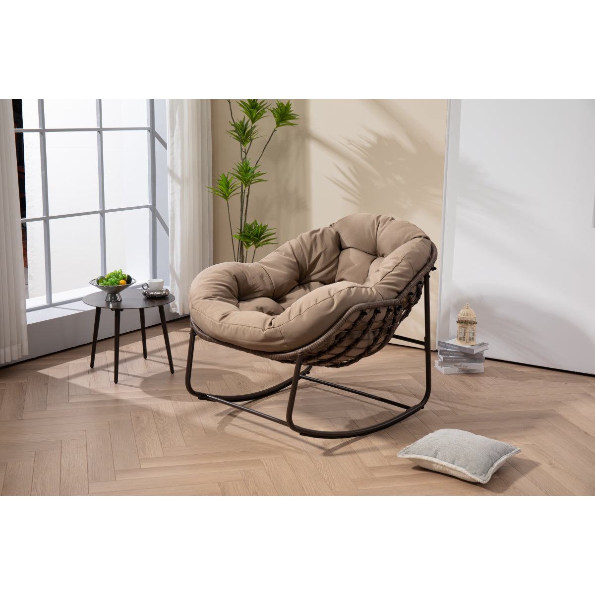 Outdoor Rocking Chair, Patio Oversized Wicker Egg Rocking Chair, Indoor & Outdoor Comfy Rocker Chair with Thick Cushion, Modern Lounge Chair for Balcony, Front Porch, Garden, Backyard, khaki