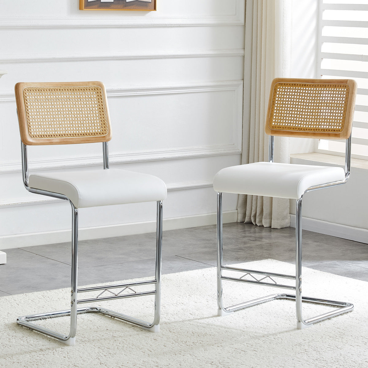 Natural rattan bar stool 2-piece set with solid wood backrest 25 inches medieval modern style counter stool white PU leather kitchen stool chrome metal legs.