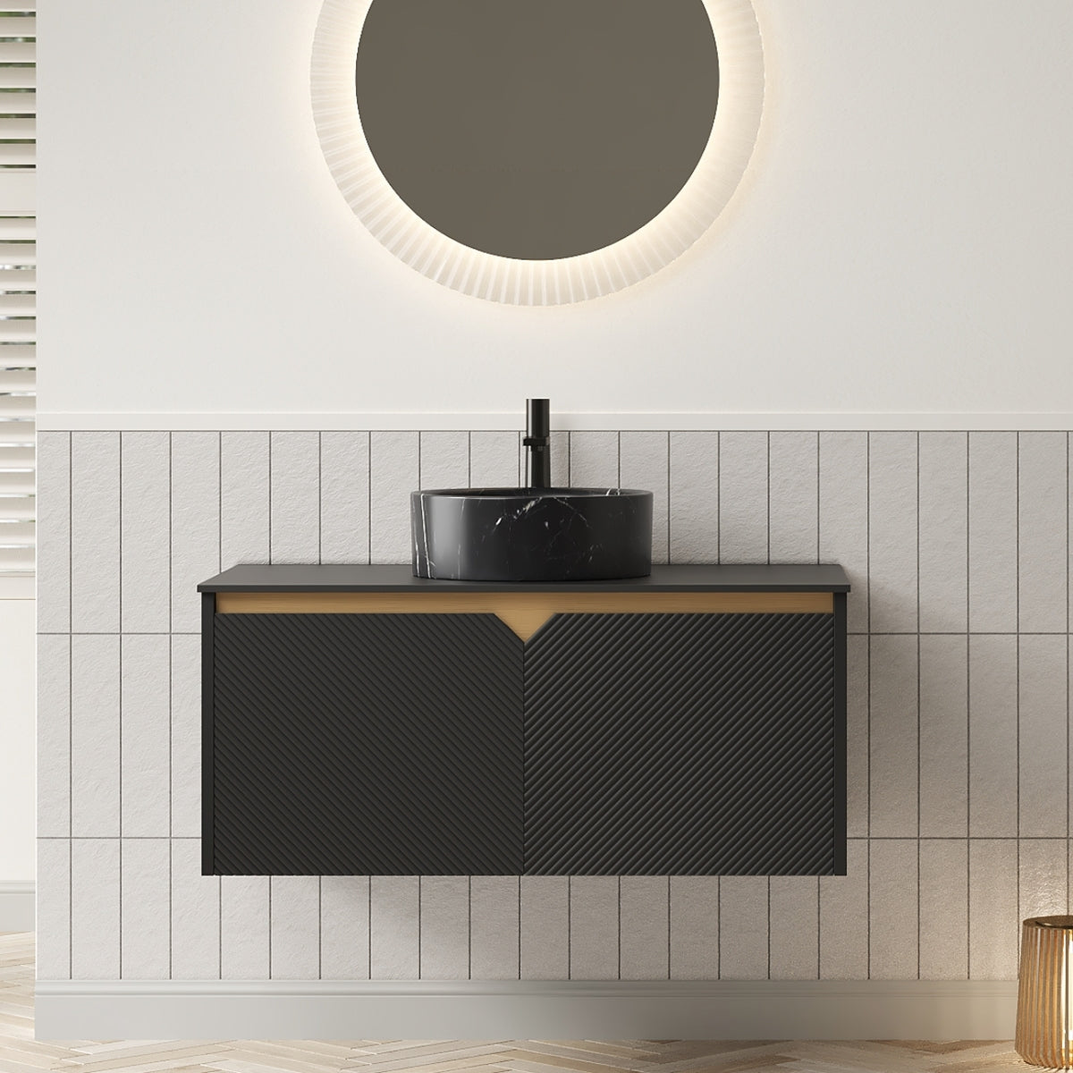 RUBEN 24" Bathroom Vanity&Sink, Wall-Mounted Floating Plywood Storage Cabinet, Twill Double Doors with Metal Trim, Black Round Ceramic Vessel Basin with Stone Pattern&Black Sintered Stone Top, Black