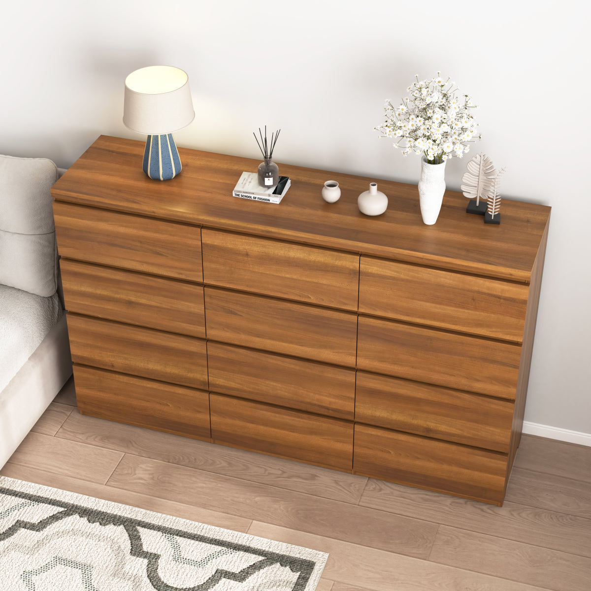 12 Drawers Double Dresser, Modern Wood Dresser Chest of Drawers with Large Storage Space for Bedroom, Walnut
