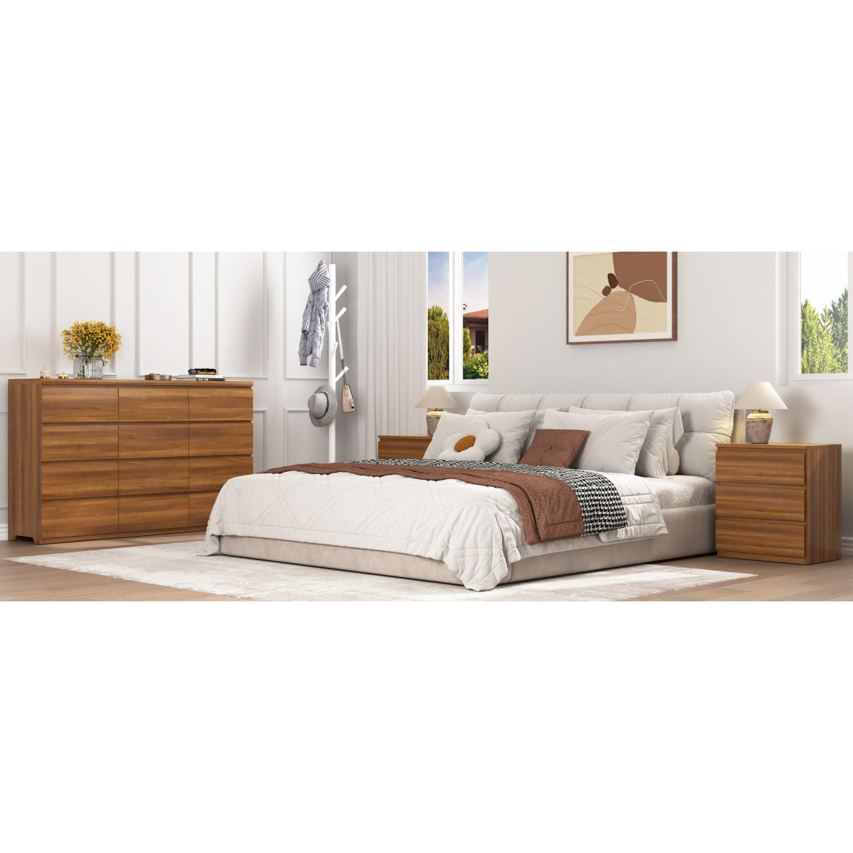 12 Drawers Double Dresser, Modern Wood Dresser Chest of Drawers with Large Storage Space for Bedroom, Walnut