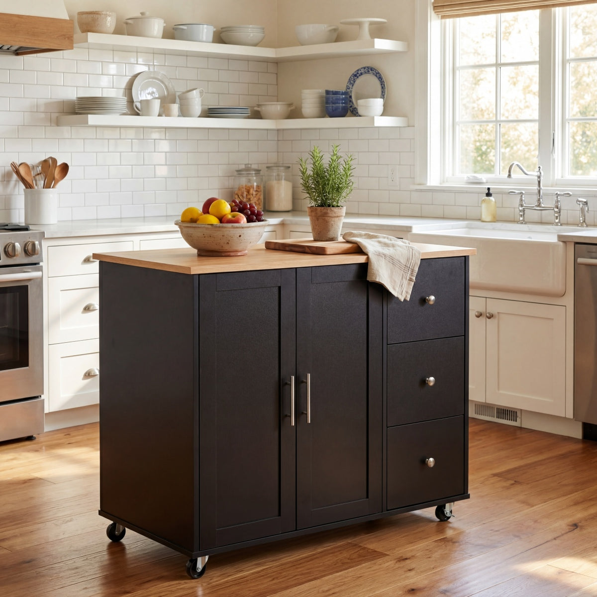 Christopher Knight Home® Mobile Kitchen Cart with Storage, 39.76'' Rolling Kitchen Island with 2 Doors, 3 Drawers & Adjustable Shelf, Black Utility Cart for Kitchen/Dining Room    RR