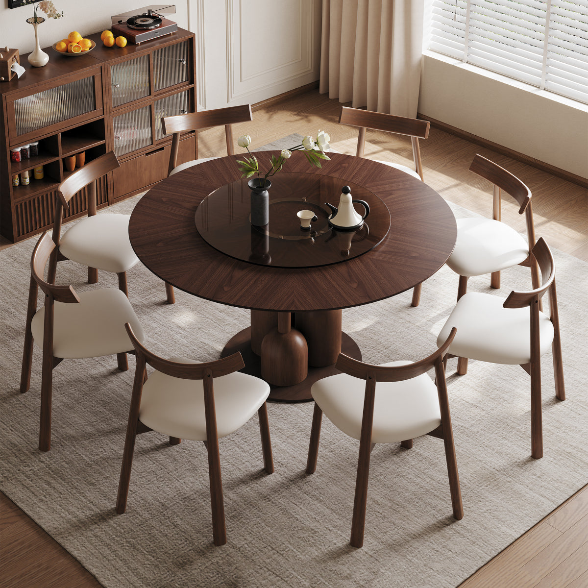 59-inch Natural Oak Wabi-Sabi Round Dining Table with 35-inch Tempered Glass Lazy Susan, Handcrafted Japanese Style Sculptural Table for Living Room & Restaurant    RR