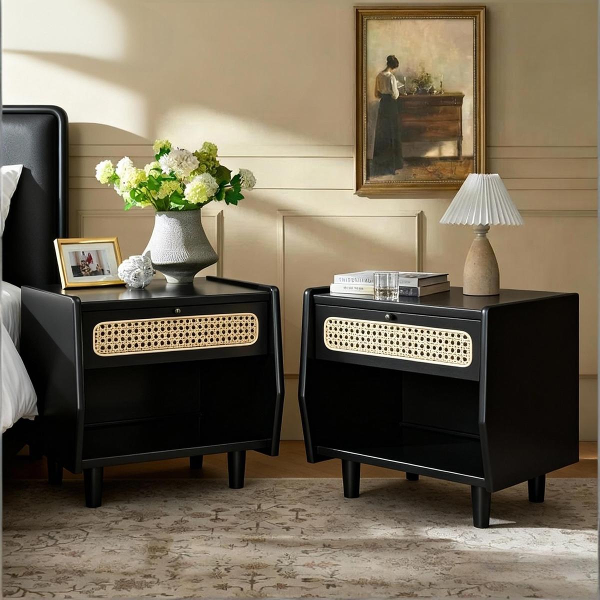 Christopher Knight Home® Black Nightstand with Rattan Detail, MDF + Solid Wood, Modern Bedroom Storage, Open Shelf & Drawer, Indoor Furniture
